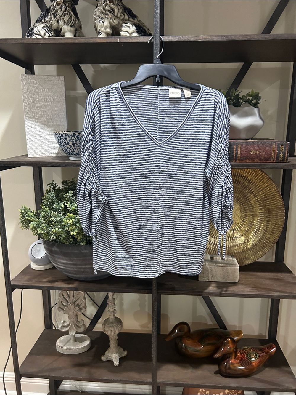 Chico's Navy and White Striped V-Neck Long Sleeve Top